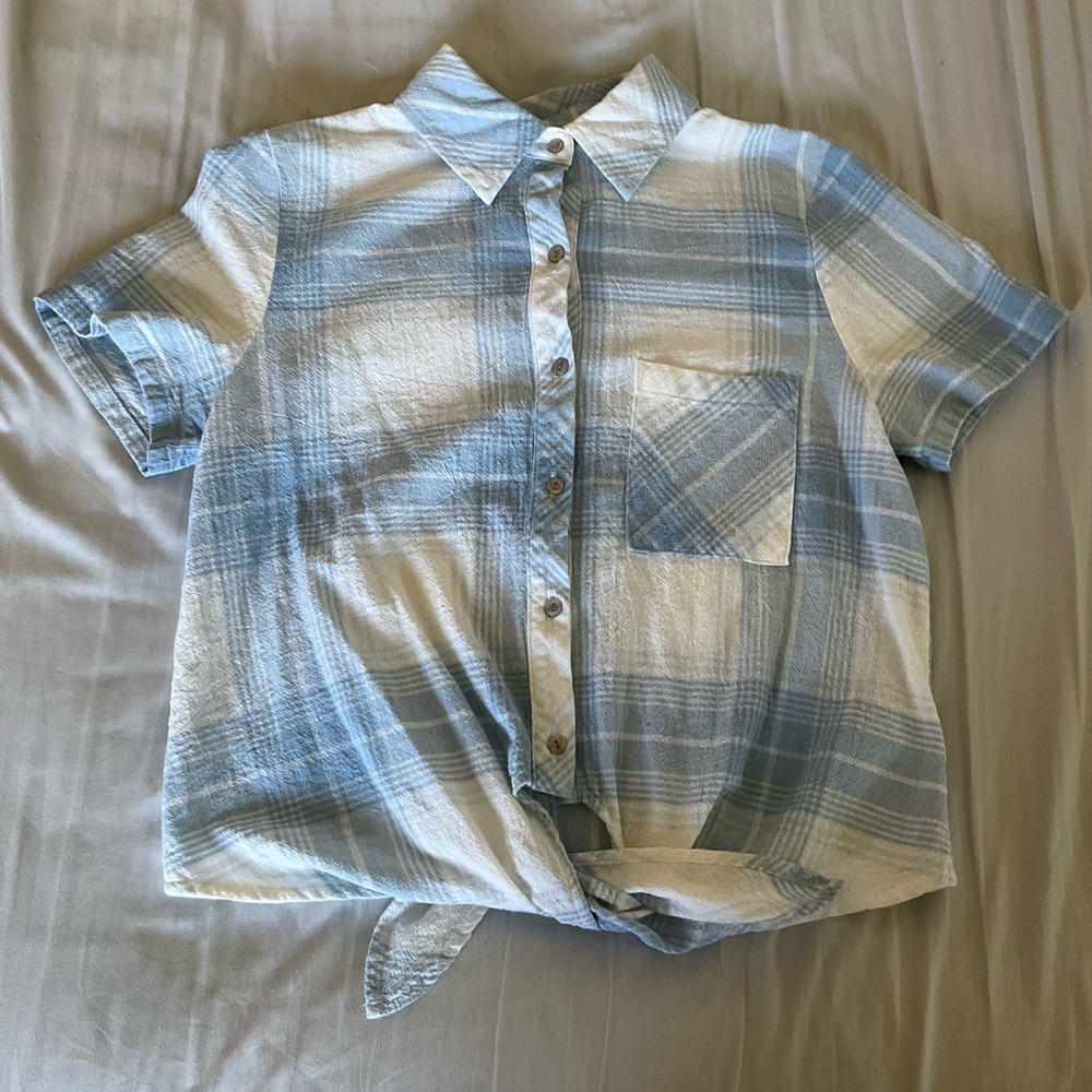 Crop Small Tie Plaid Farmhouse Coastal Blue White  Button Down